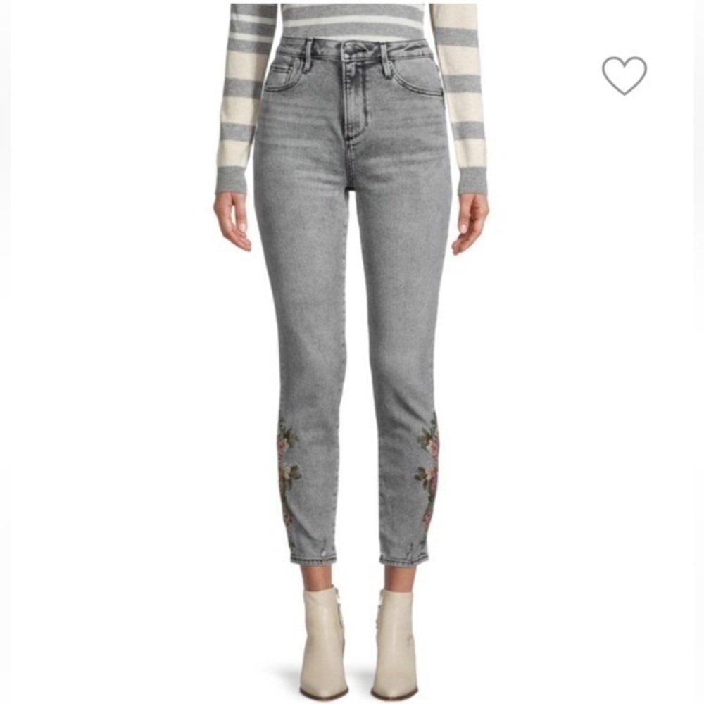 Driftwood High Rise Jackie Jeans Embroidered Floral Gray Pink Size 27